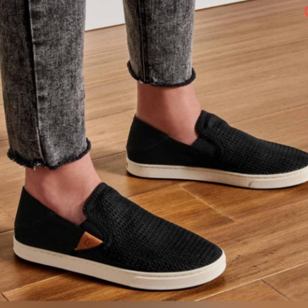 OLUKAI Black Pehuea Leather Slip-on Sneakers Shoes with Drop-In Heels, 6.5